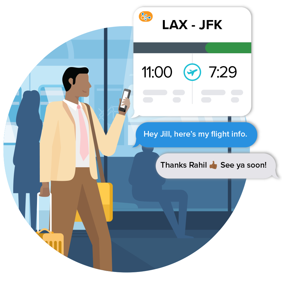 man in airport using share calendar