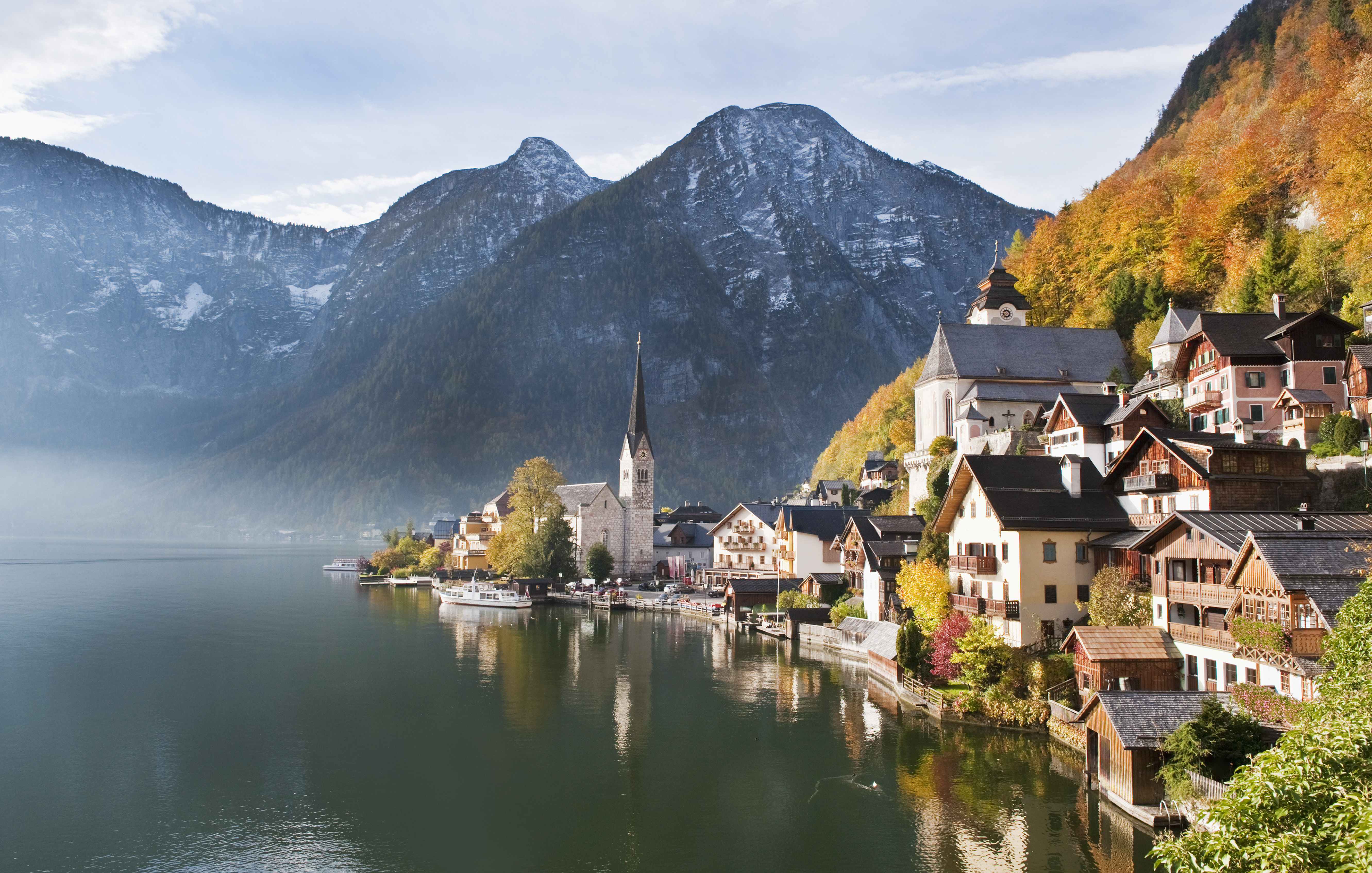 lakeside town in autumn 
