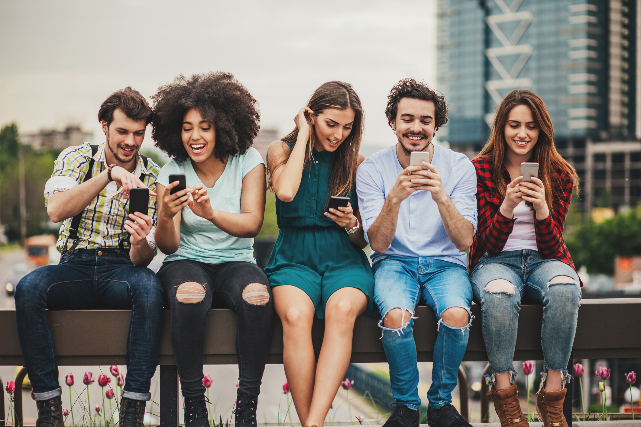 group of friends looking a phones